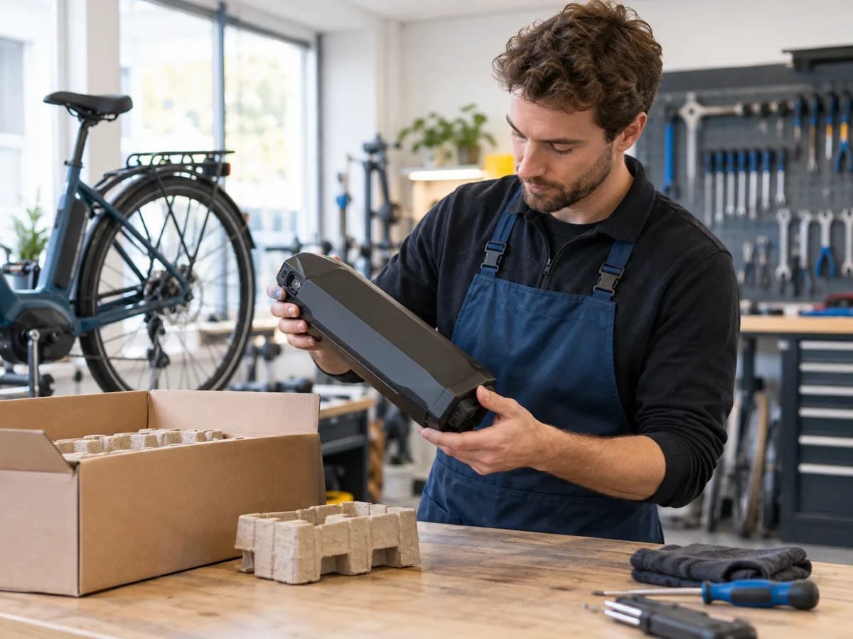 Fietsenmaker controleert een e-bikeaccu in de werkplaats